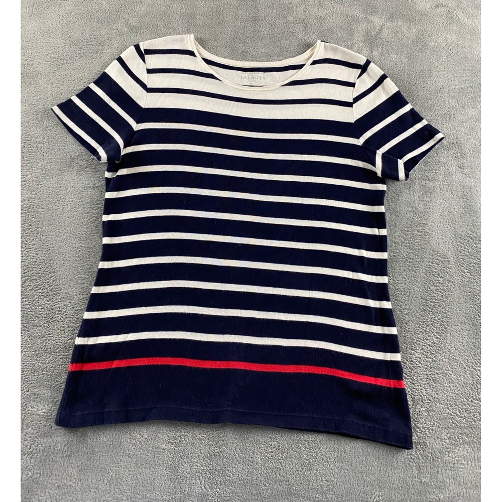 Talbots Petite Navy White Striped Short Sleeve Cotton Tee Shirt Red Accent MP